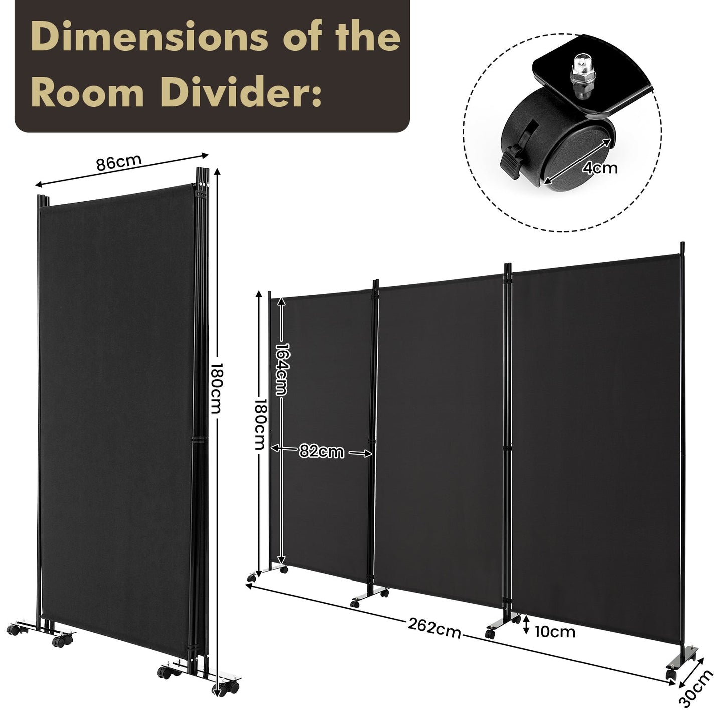 3-Panel Folding Room Divider with Wheels for Living Room Bedroom-Black