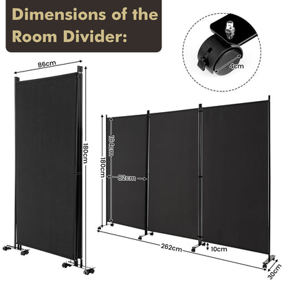 3-Panel Folding Room Divider with Wheels for Living Room Bedroom-Black