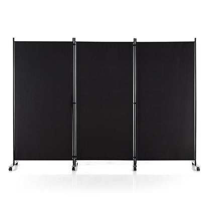 3-Panel Folding Room Divider with Wheels for Living Room Bedroom-Black