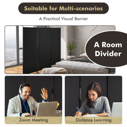 3-Panel Folding Room Divider with Wheels for Living Room Bedroom-Black