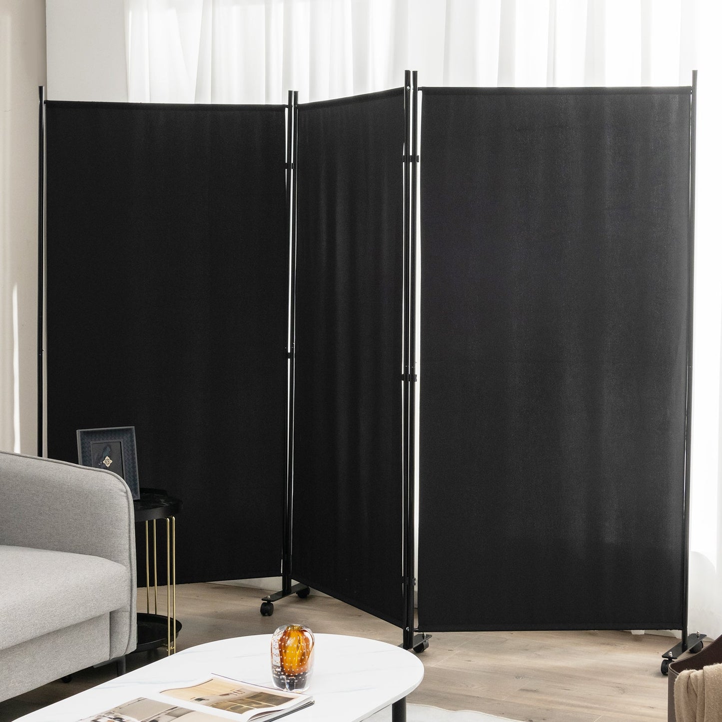 3-Panel Folding Room Divider with Wheels for Living Room Bedroom-Black