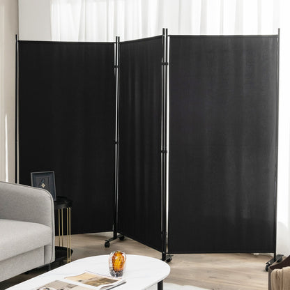 3-Panel Folding Room Divider with Wheels for Living Room Bedroom-Black