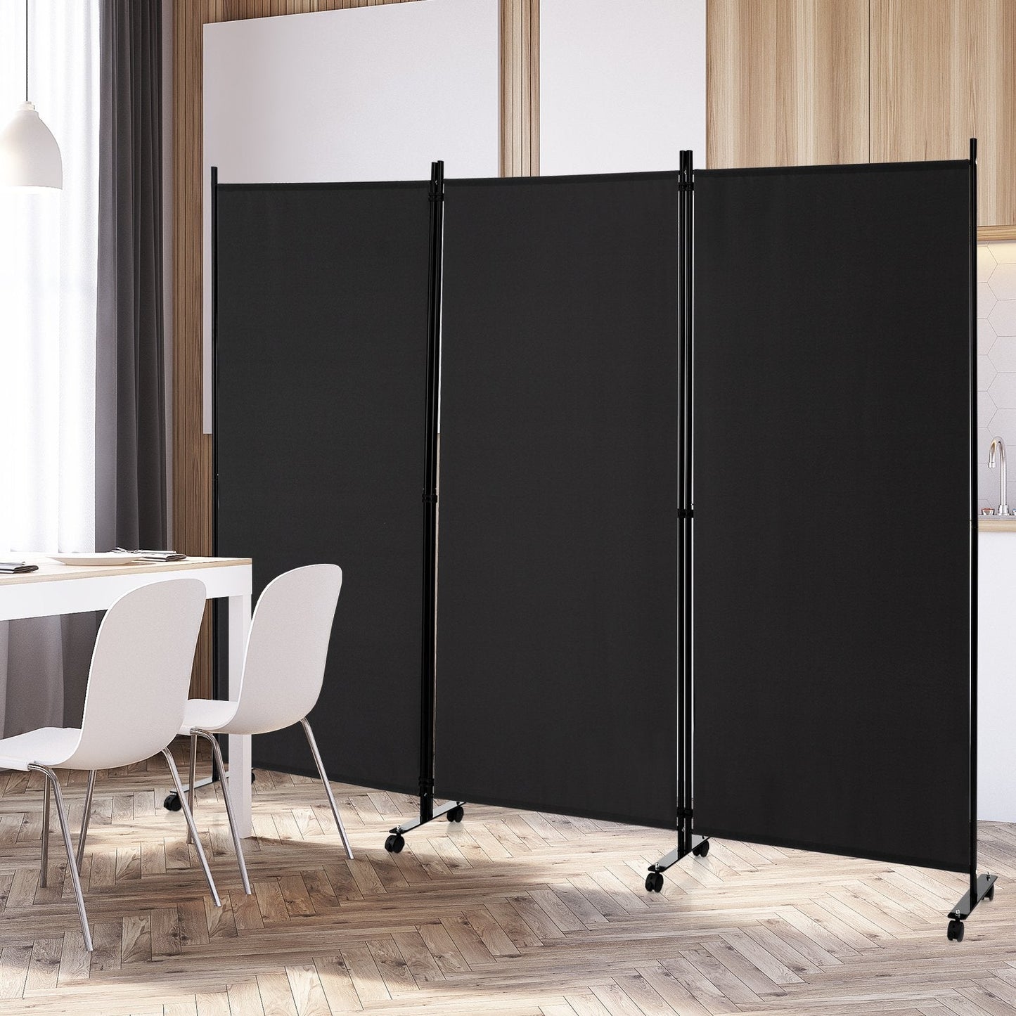 3-Panel Folding Room Divider with Wheels for Living Room Bedroom-Black