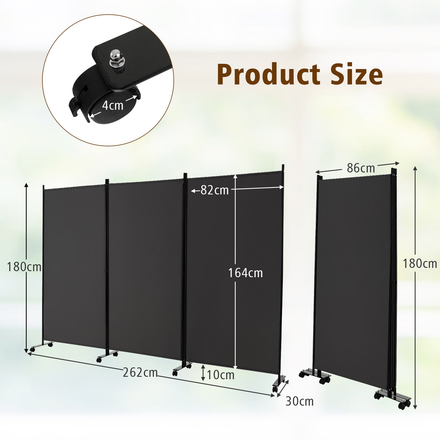 3-Panel Folding Room Divider with Wheels for Living Room Bedroom-Grey