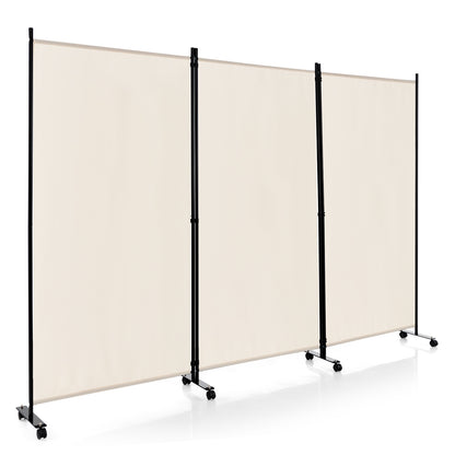 3-Panel Folding Room Divider with Wheels for Living Room Bedroom-Beige