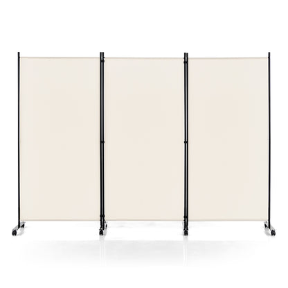 3-Panel Folding Room Divider with Wheels for Living Room Bedroom-Beige