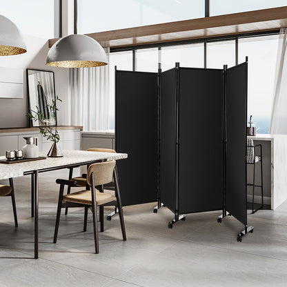 4-Panel Folding Room Divider with Wheels for Living Room Bedroom -Black