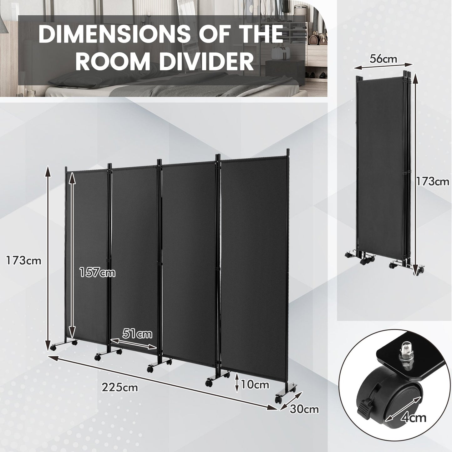 4-Panel Folding Room Divider with Wheels for Living Room Bedroom-Grey