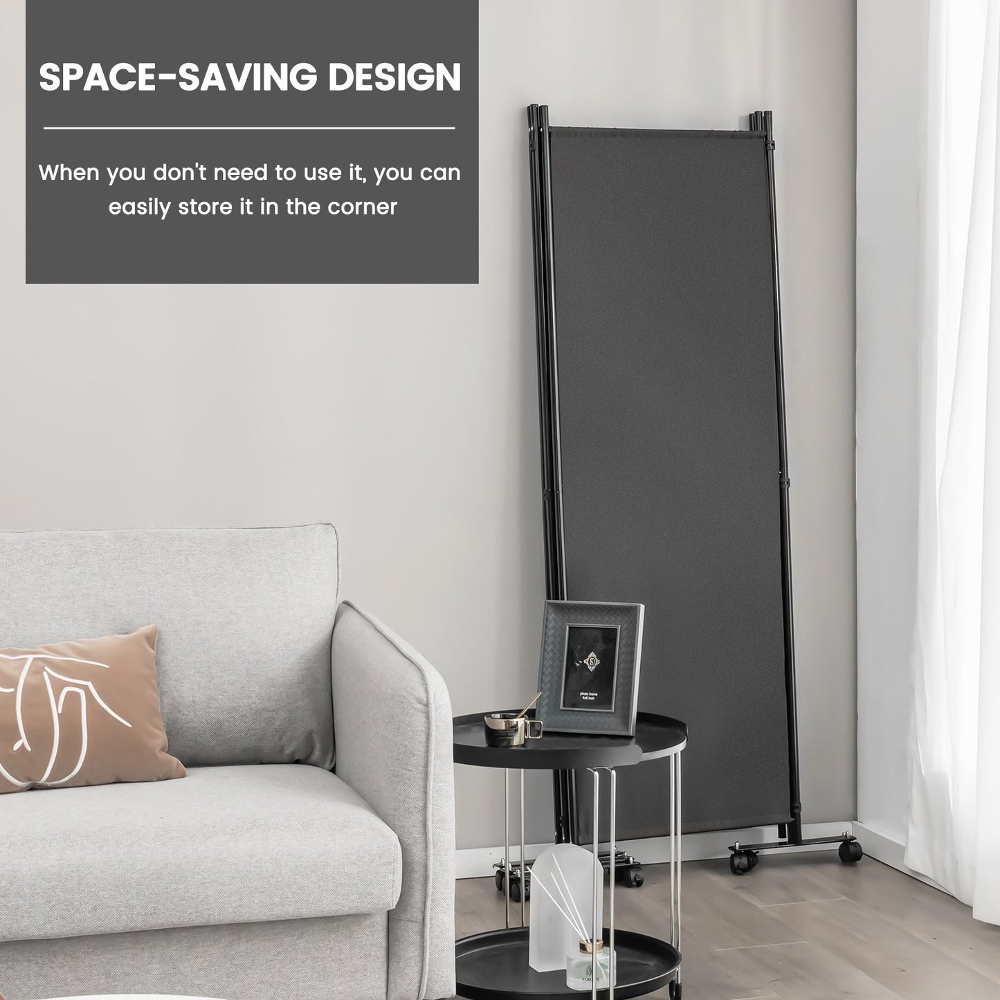 4-Panel Folding Room Divider with Wheels for Living Room Bedroom-Grey