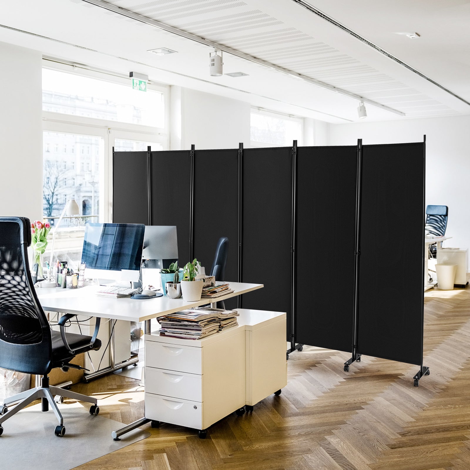 6 Panel Room Divider on Wheels-Black