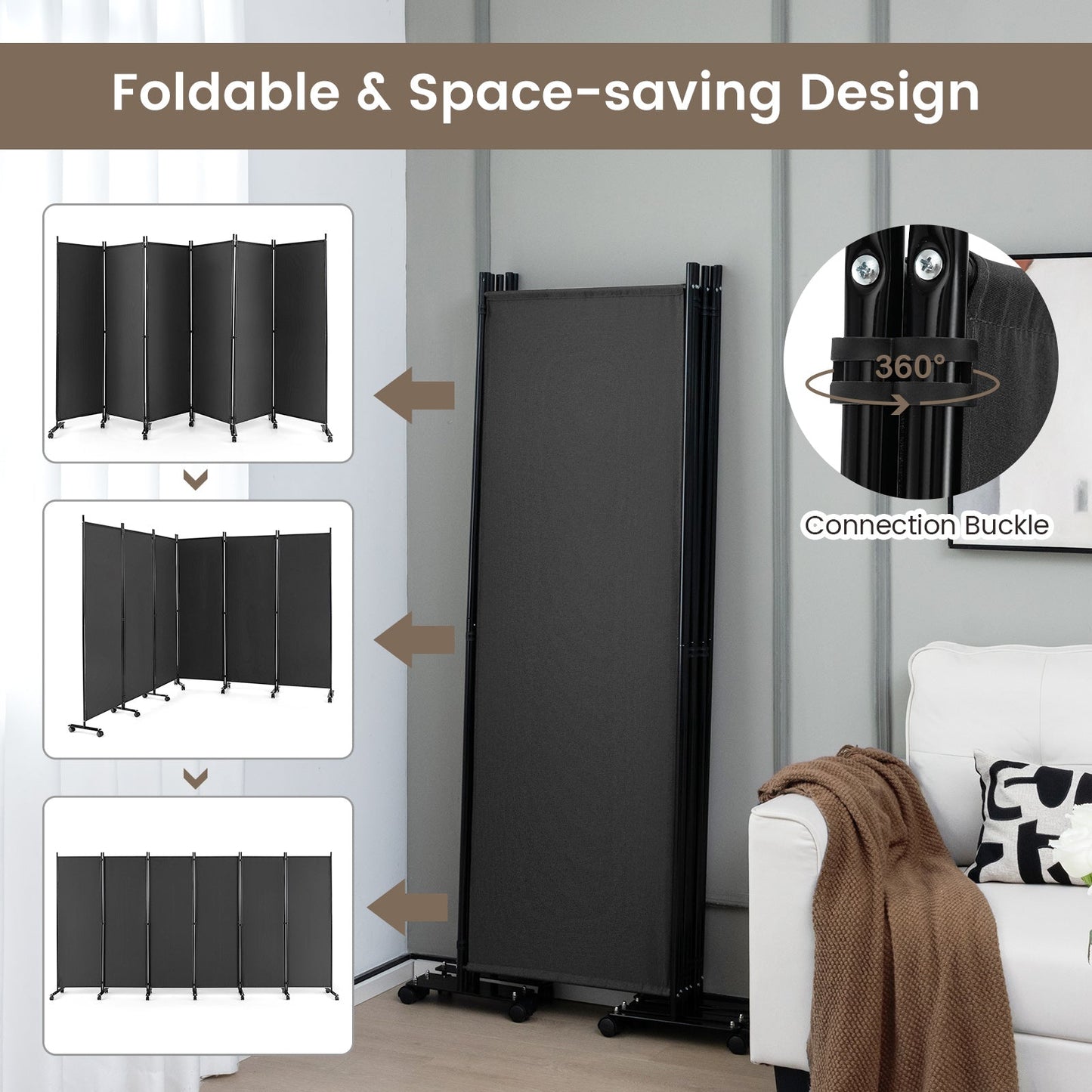 6 Panel Room Divider on Wheels for Indoor-Grey