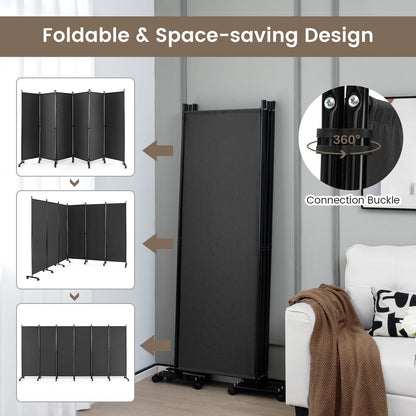 6 Panel Room Divider on Wheels for Indoor-Grey