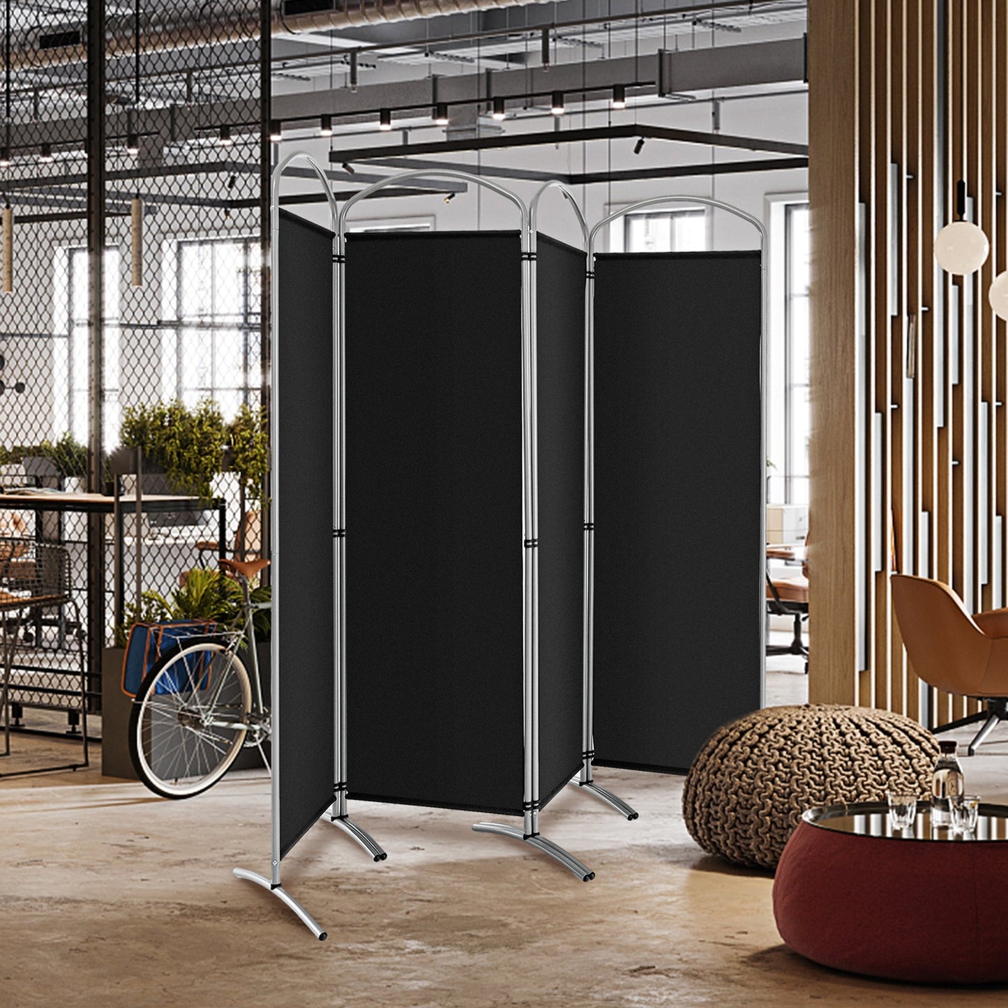 4 Panel Freestanding Folding Room Divider for Living Room Office-Black