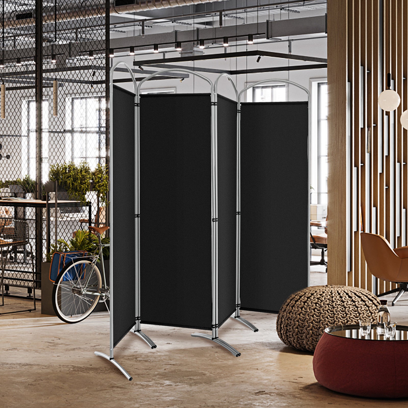 4 Panel Freestanding Folding Room Divider for Living Room Office-Black