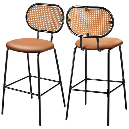Set of 2 PU Leather Bar Stools with Rattan Backrest and Footrest-Brown