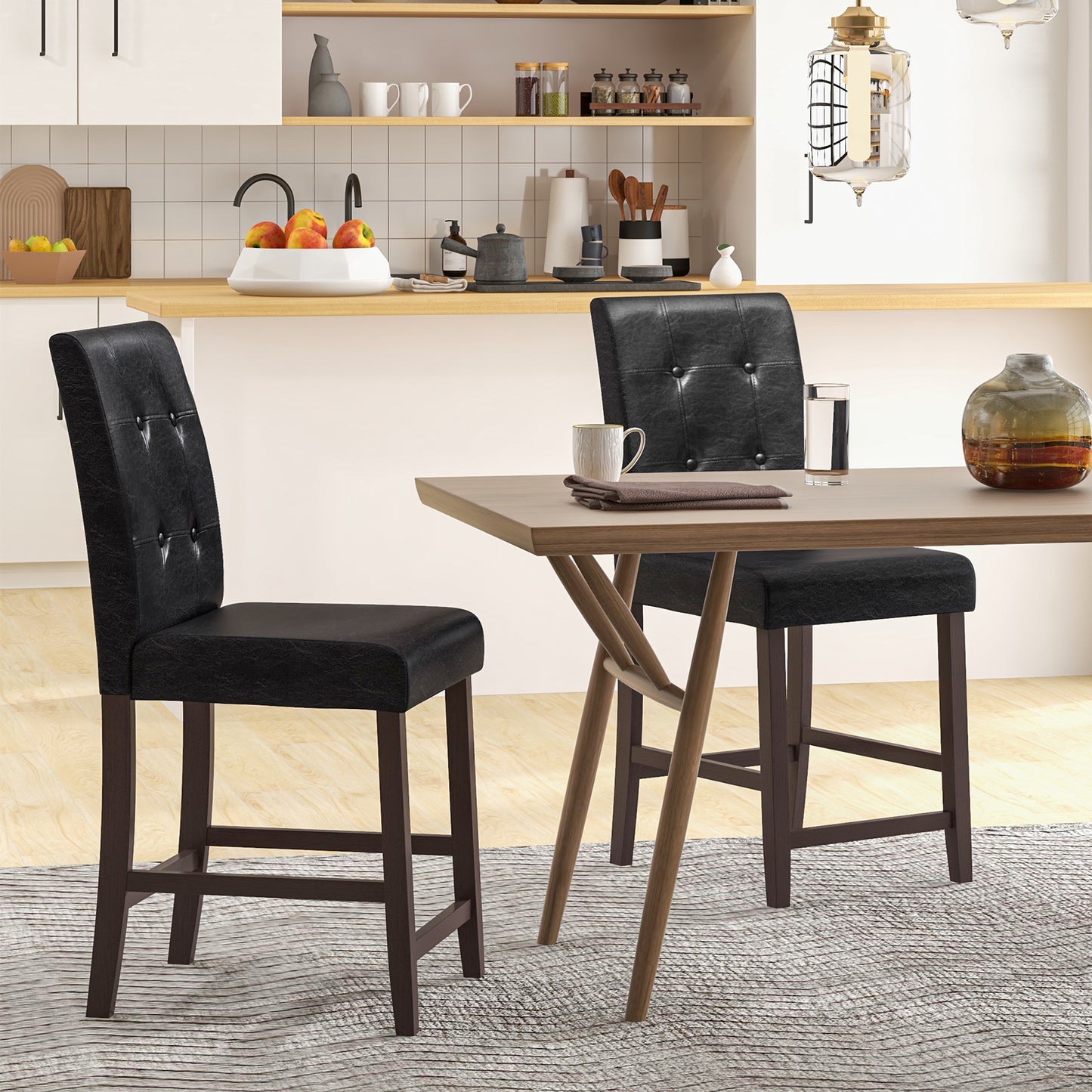 Set of 2 Padded Bar Stools with Rubber Wood Legs