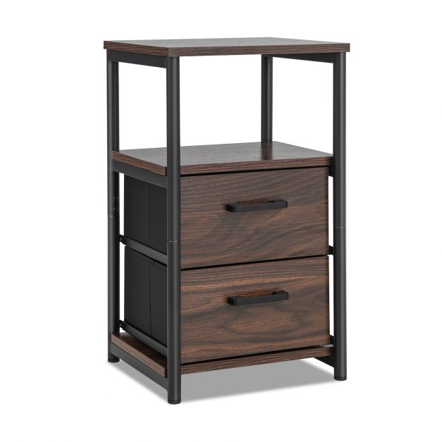 3-Tier Retro Nightstand with 2 Removable Fabric Drawers and Open Shelf-Walnut