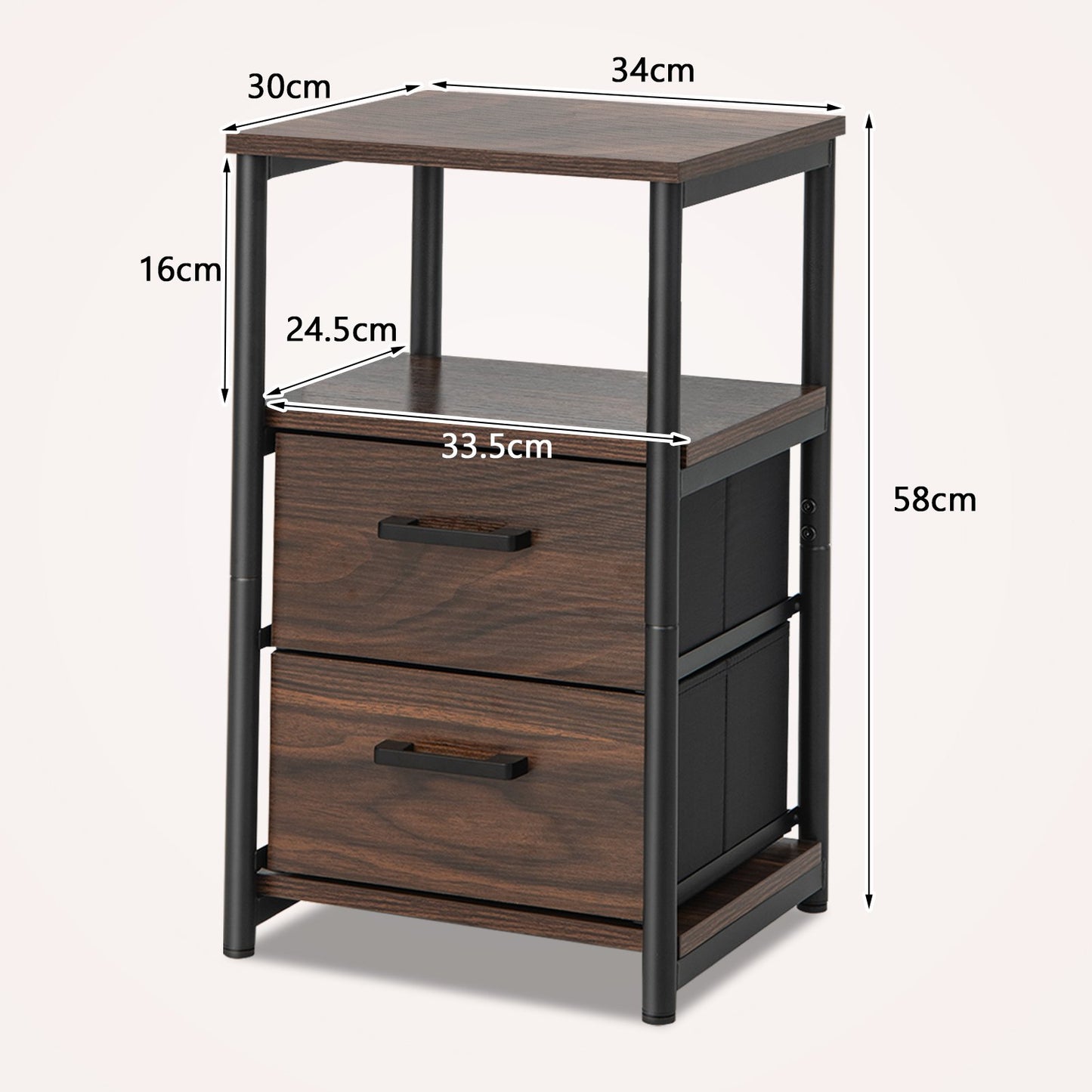 Metal Frame Bedside Table with Open Shelf and 2 Drawers-Rustic Brown