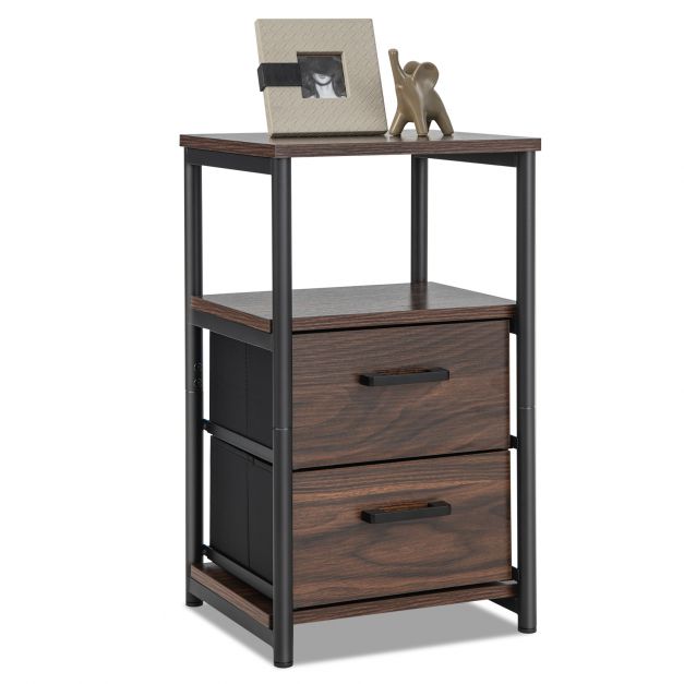 3-Tier Retro Nightstand with 2 Removable Fabric Drawers and Open Shelf-Walnut