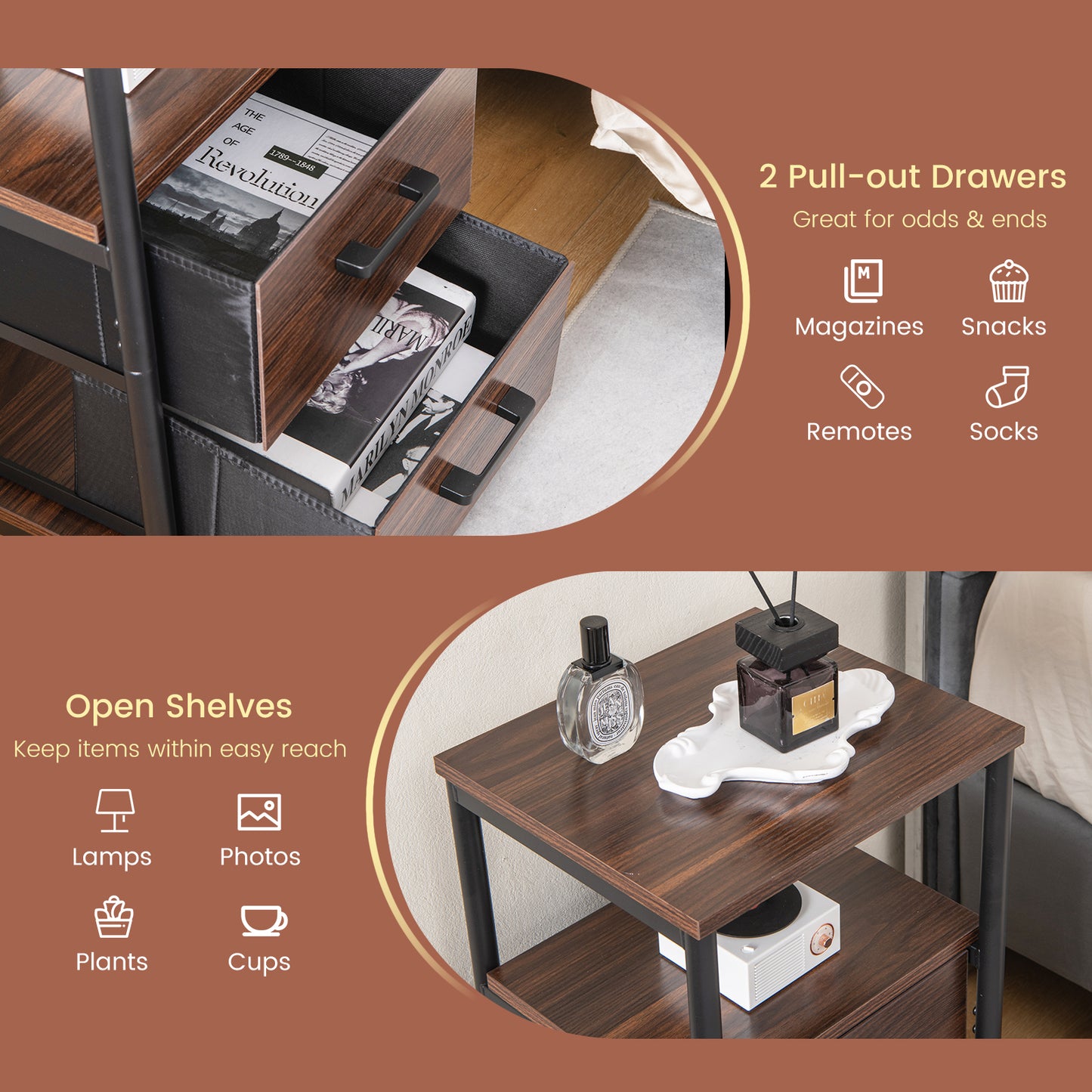 Metal Frame Bedside Table with Open Shelf and 2 Drawers-Rustic Brown