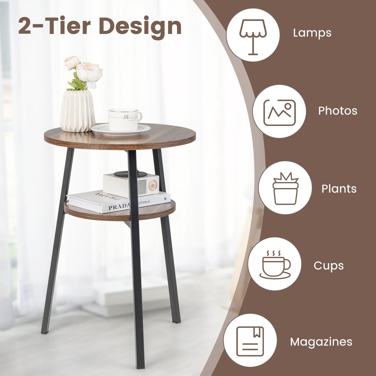 2-Tier Wooden Round Side Table with Storage Shelf-Brown
