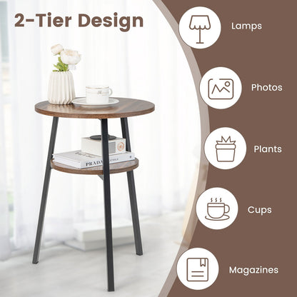 2-Tier Wooden Round Side Table with Storage Shelf-Brown