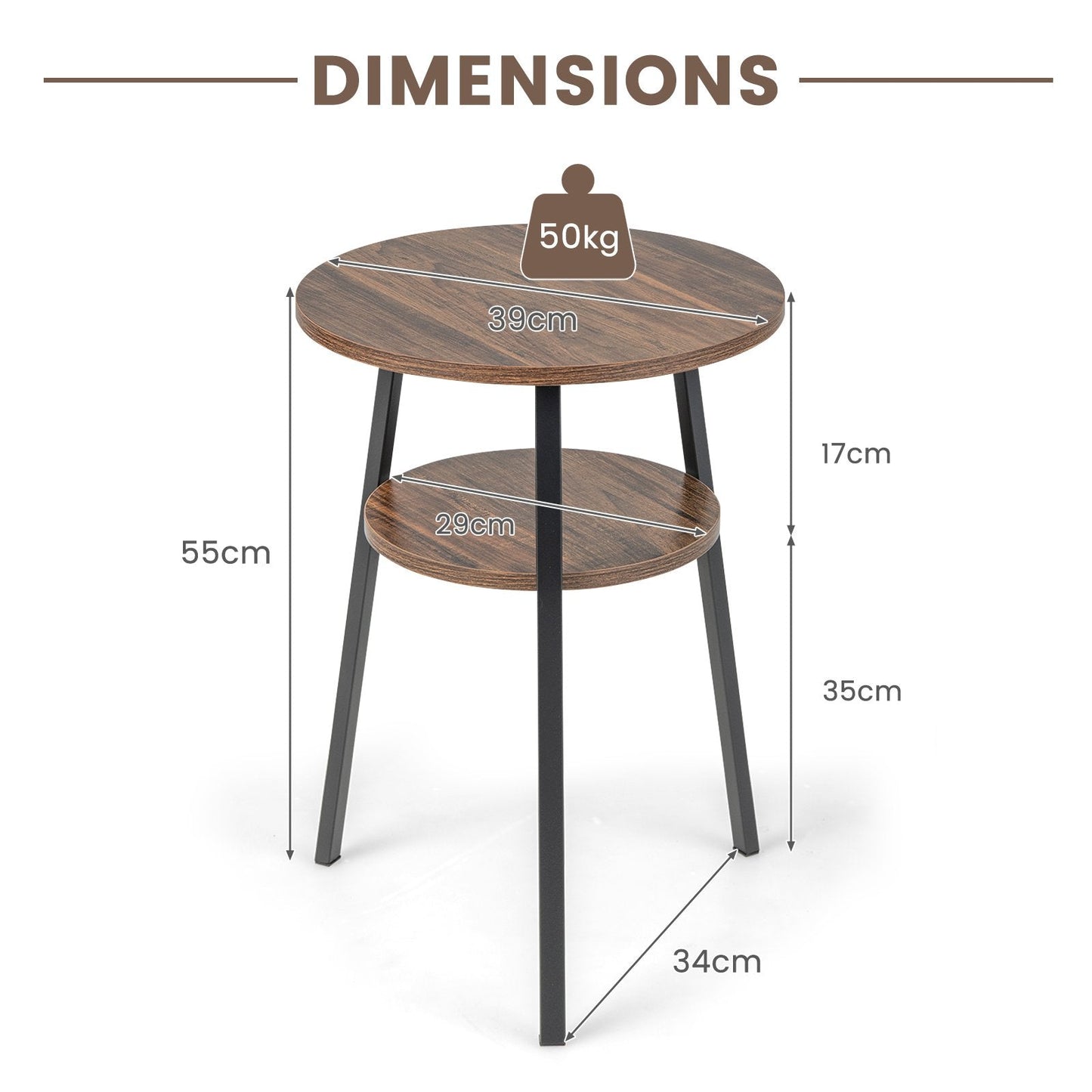 2-Tier Wooden Round Side Table with Storage Shelf-Brown
