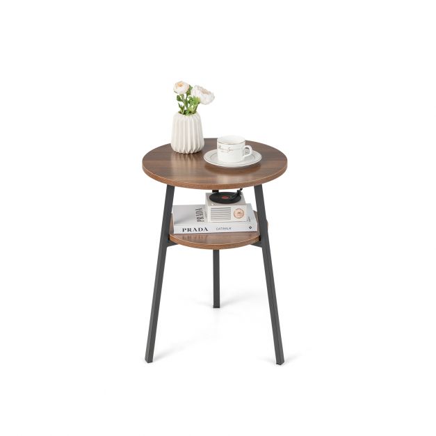 2-Tier Round End Table with Open Shelf and Triangular Metal Frame-Walnut