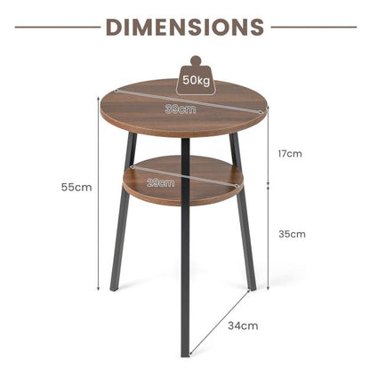 2-Tier Round End Table with Open Shelf and Triangular Metal Frame-Walnut