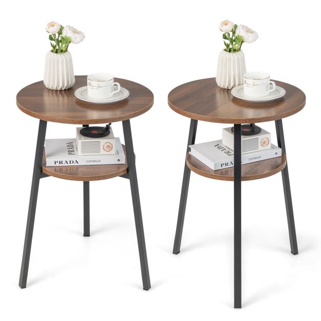 2-Tier Round End Table with Open Shelf and Triangular Metal Frame-Walnut