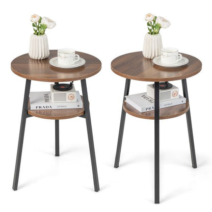 2-Tier Round End Table with Open Shelf and Triangular Metal Frame-Walnut