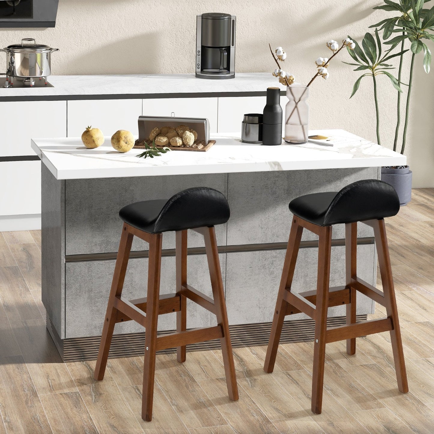 Bar Stool Set of 2 with Padded Seat and Back Cushion-Black