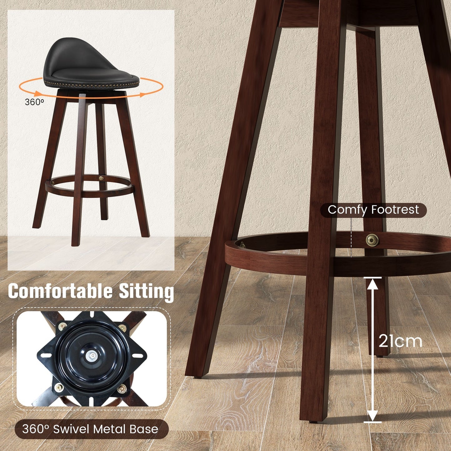 Swivel Bar Stool Set of 2 with Low Back and Rubber Wood Legs-Black