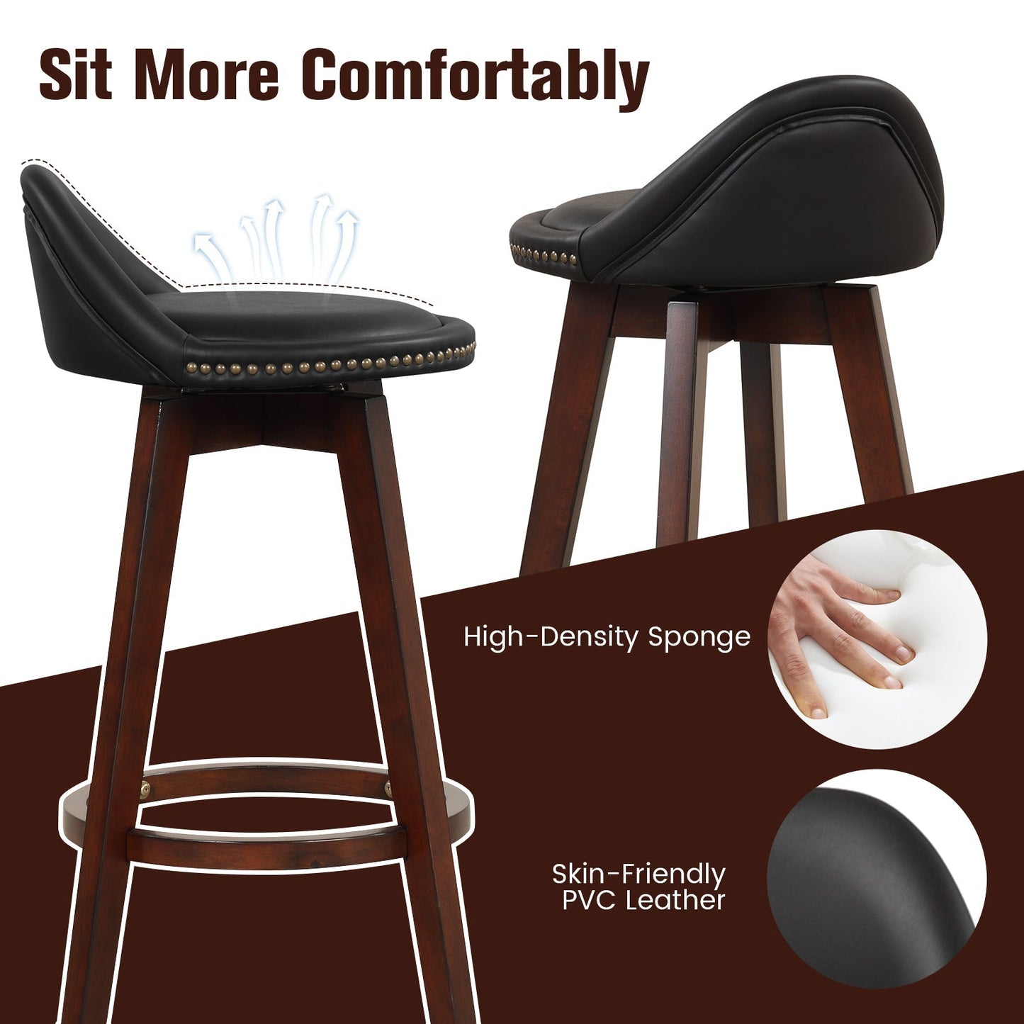 Swivel Bar Stool Set of 2 with Low Back and Rubber Wood Legs-Black