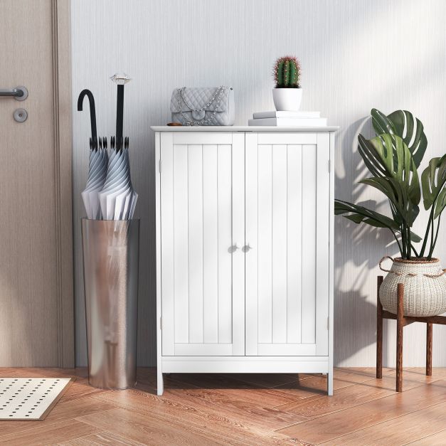 Double Door Bathroom Floor Cabinet with Shelf-White