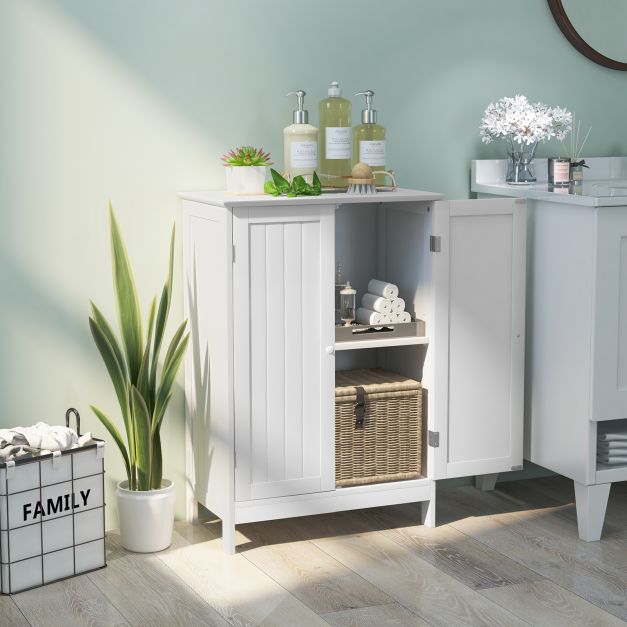 Double Door Bathroom Floor Cabinet with Shelf-White