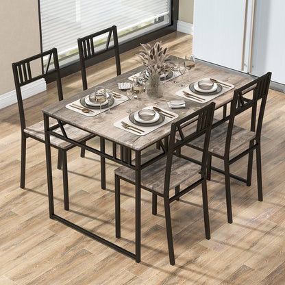 Industrial-Style Kitchen Table and 4 Chairs with Wood Like Tabletop and Metal Frame-Grey