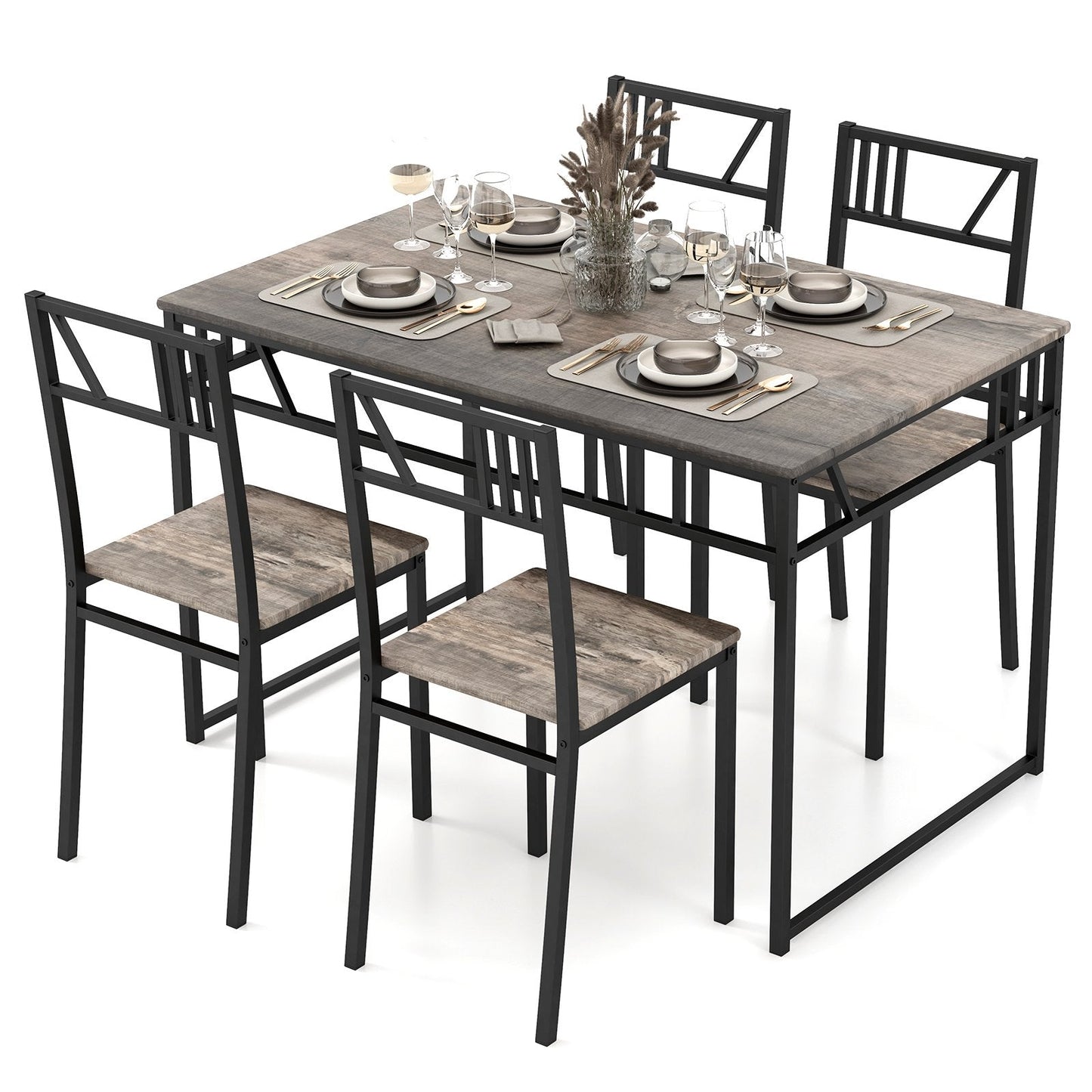 Industrial-Style Kitchen Table and 4 Chairs with Wood Like Tabletop and Metal Frame-Grey