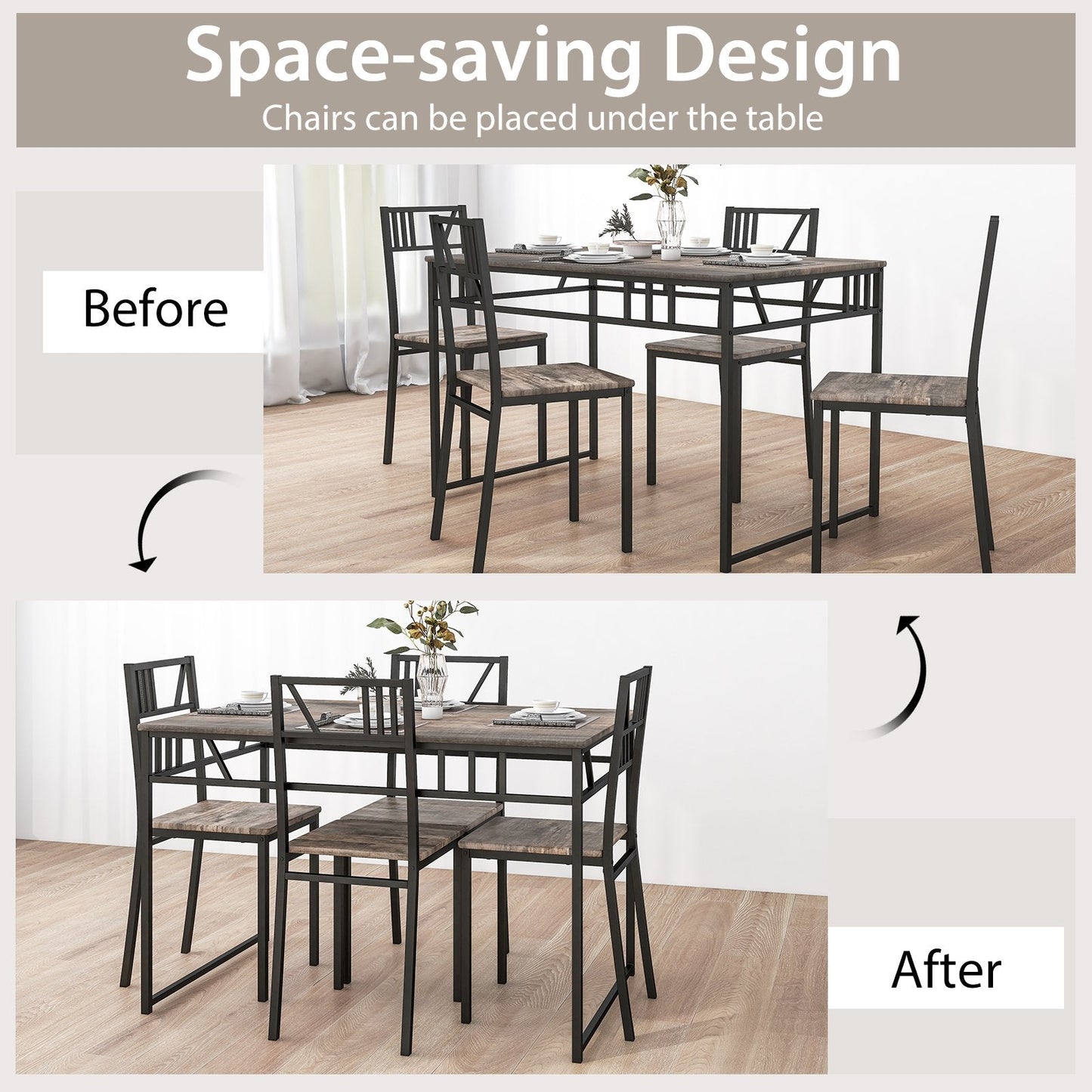 Industrial-Style Kitchen Table and 4 Chairs with Wood Like Tabletop and Metal Frame-Grey