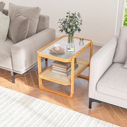 2-tier Compact Bamboo Side Table with PE Rattan Shelf