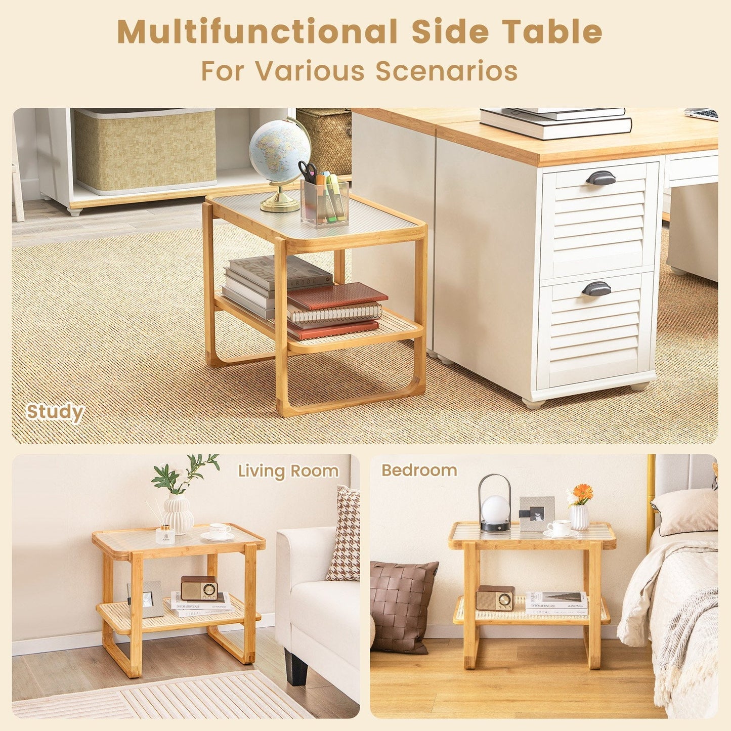 2-tier Compact Bamboo Side Table with PE Rattan Shelf