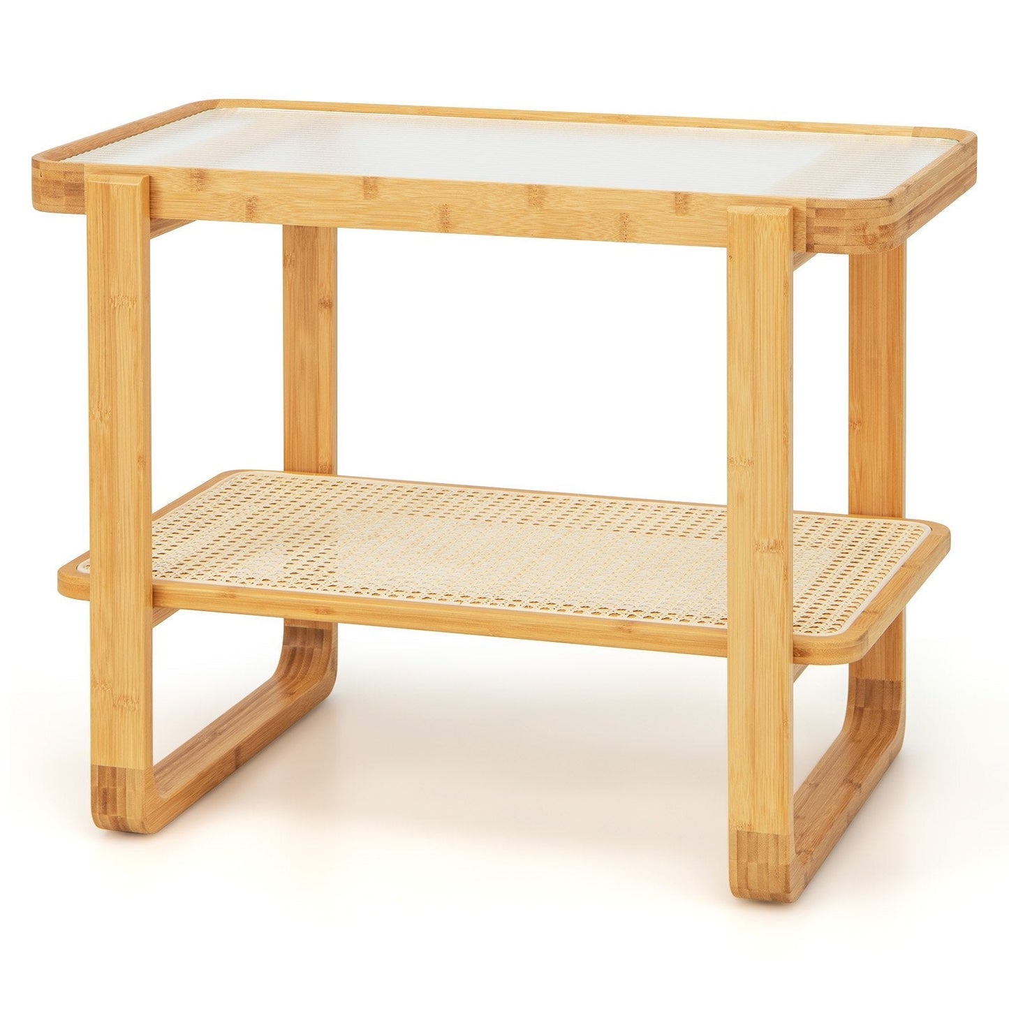 2-tier Compact Bamboo Side Table with PE Rattan Shelf