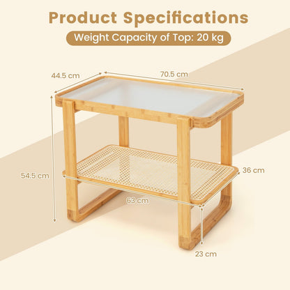 2-tier Compact Bamboo Side Table with PE Rattan Shelf