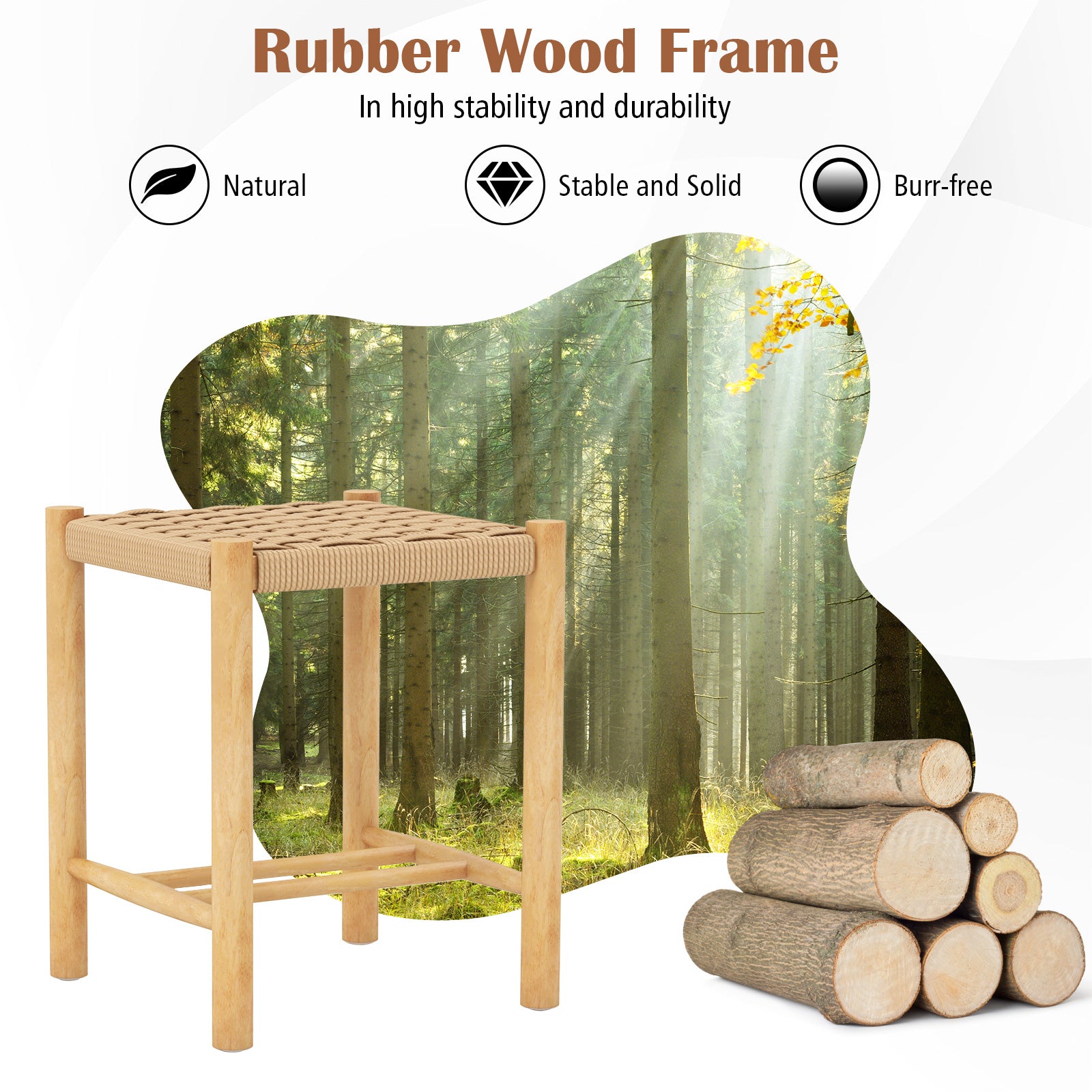 Dining Stool Set of 2 with Rubber Wood Frame and Woven Paper Seat-36 x 36 x 45cm