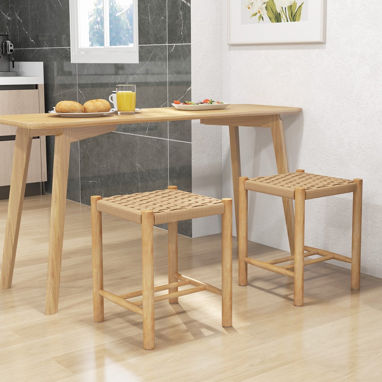 Dining Stool Set of 2 with Rubber Wood Frame and Woven Paper Seat-36 x 36 x 45cm