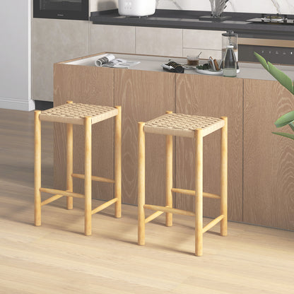 Dining Stool Set of 2 with Rubber Wood Frame and Woven Paper Seat-36 x 36 x 65cm