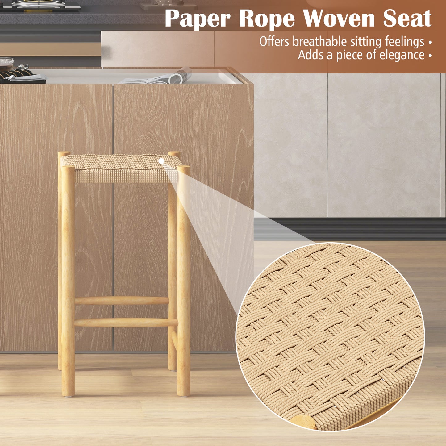 Dining Stool Set of 2 with Rubber Wood Frame and Woven Paper Seat-36 x 36 x 65cm