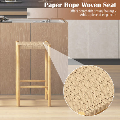 Dining Stool Set of 2 with Rubber Wood Frame and Woven Paper Seat-36 x 36 x 65cm