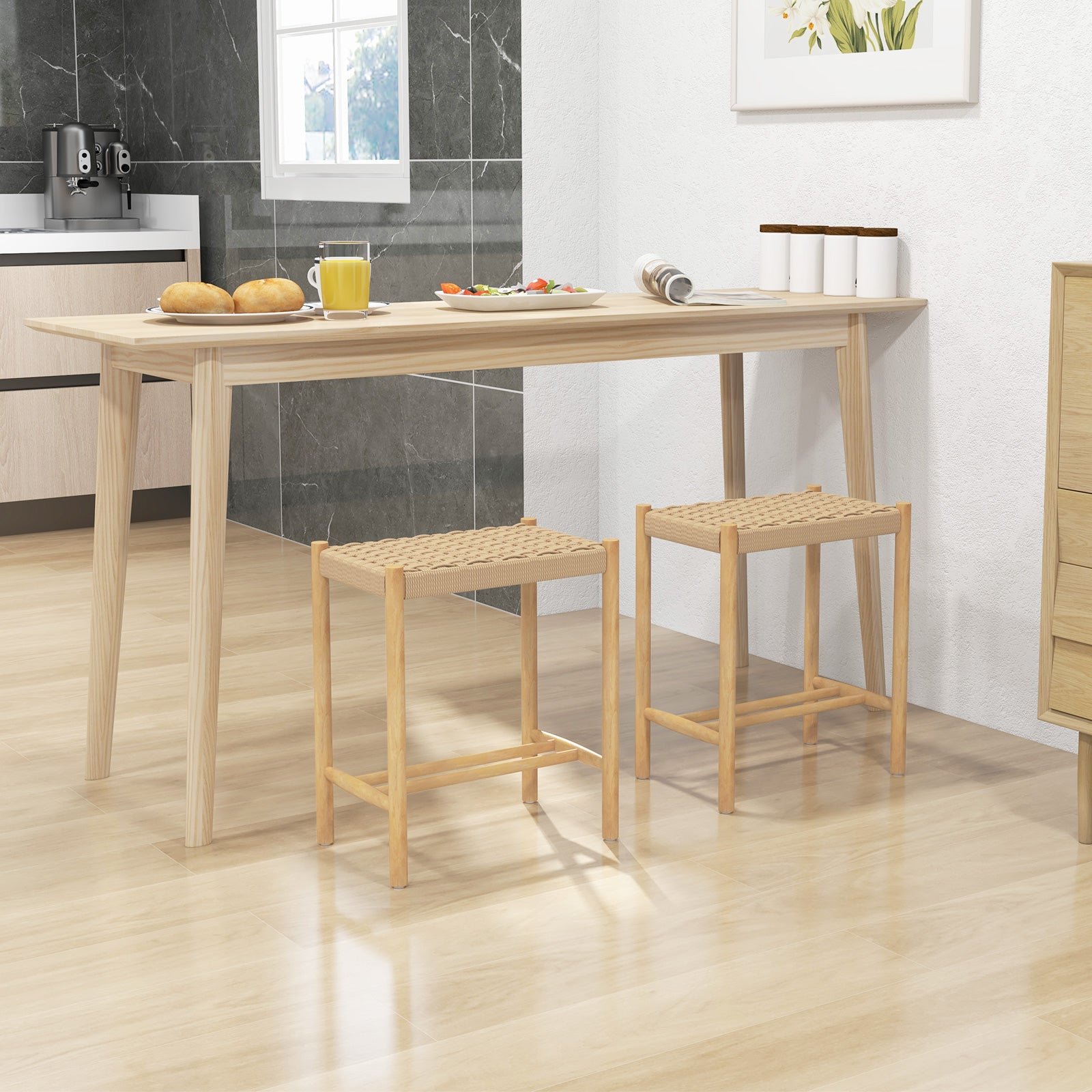 Dining Stool Set of 2 with Rubber Wood Frame and Woven Paper Seat-56 x 36 x 45cm