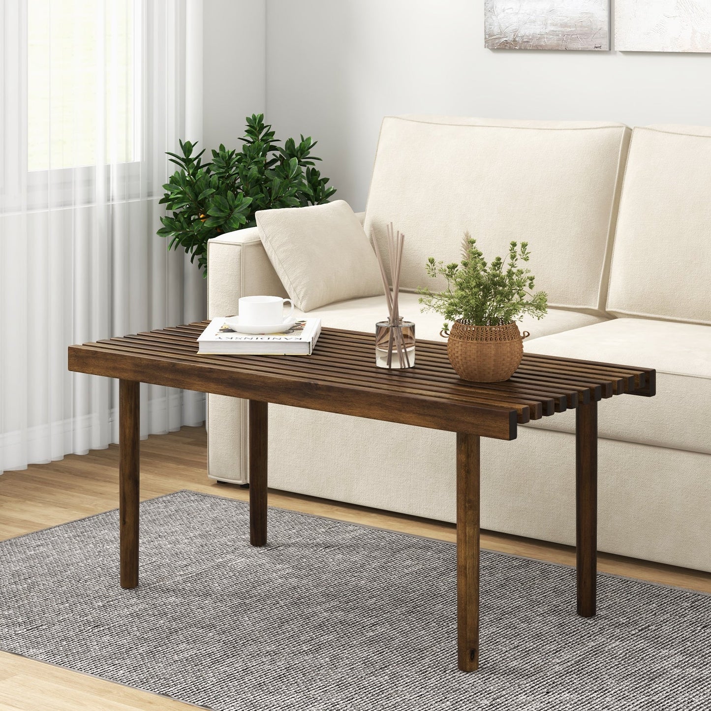 Rubber Wood Coffee Table with Slatted Tabletop